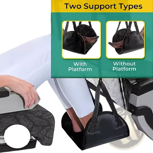 Black padded adjustable airplane footrest with straps designed as a travel hammock leg rest for comfort