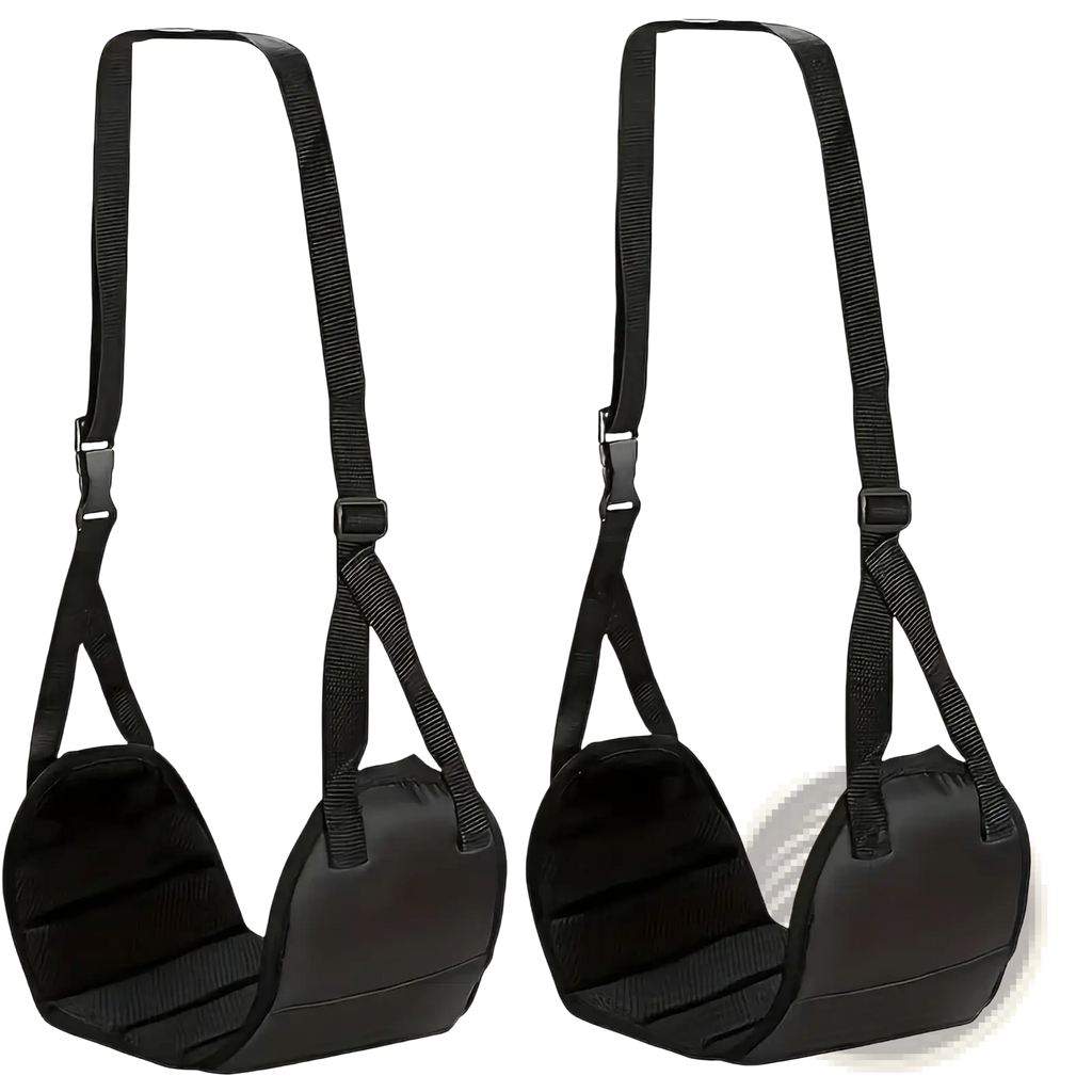 Black padded walking aid harnesses with adjustable straps and secure buckles for airplane footrest travel hammock leg rest