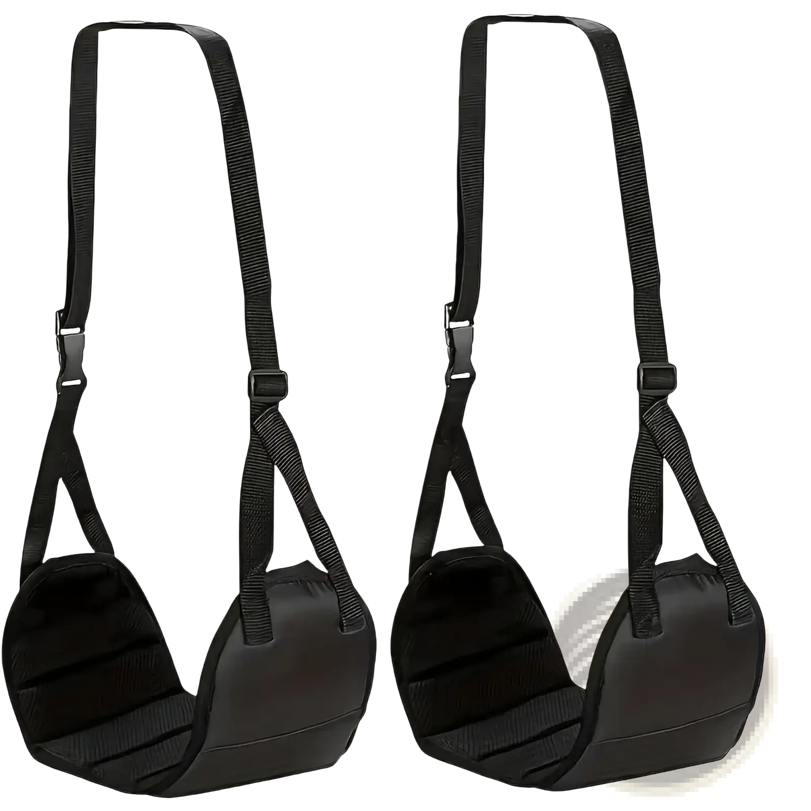 Black padded walking aid harnesses with adjustable straps and secure buckles for airplane footrest travel hammock leg rest