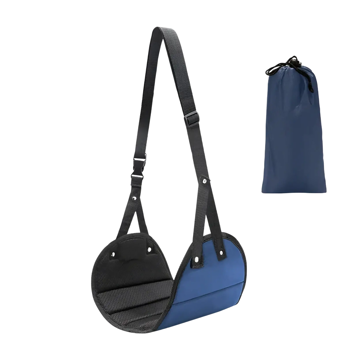 Blue and black adjustable knee support with padded straps designed for comfort in the airplane footrest travel hammock