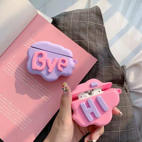 Pastel purple and pink 3d hi bye speech bubble silicone airpods 2 case with hi and bye lettering visible