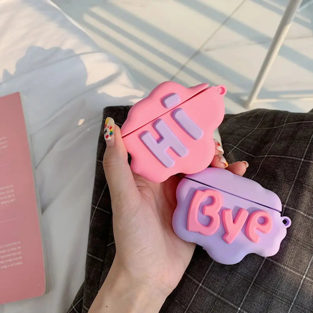 Pink and lavender 3d hi bye speech bubble silicone airpods 2 case covers shaped like clouds with raised lettering