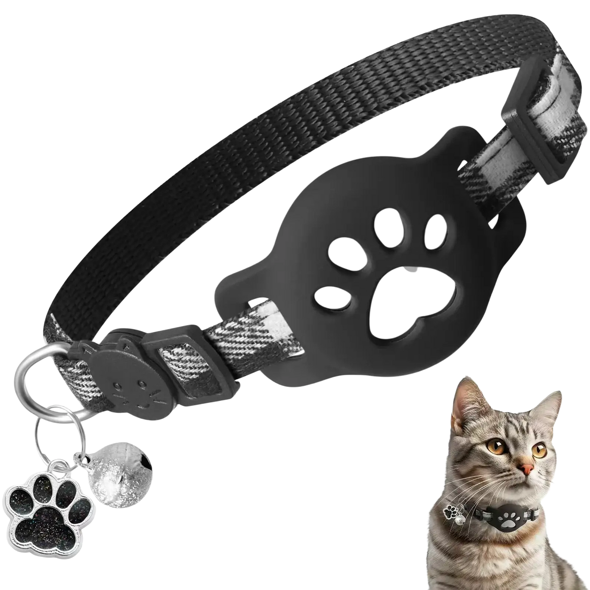 Black airtag cat collar with bell paw print shaped buckle and matching dangling charms for pet tracking and style