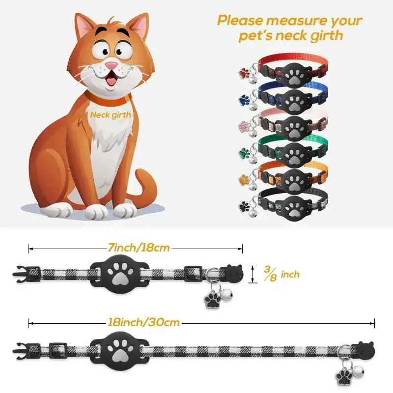 Black and white plaid airtag cat collar with bell charm and paw print buckle for pet tracking and decoration