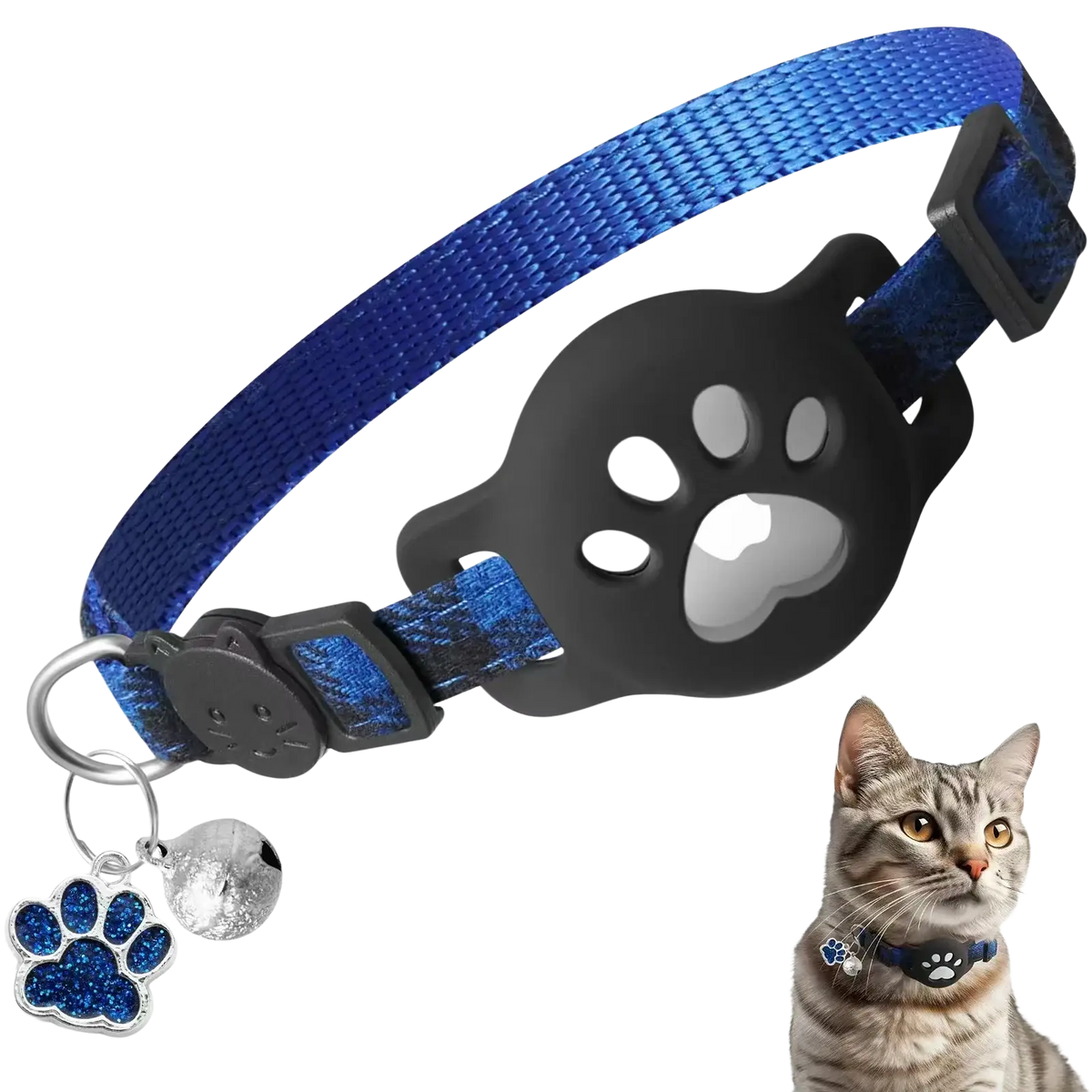 Airtag cat collar with blue woven fabric, black paw print buckle, bell, and glittery blue paw charm