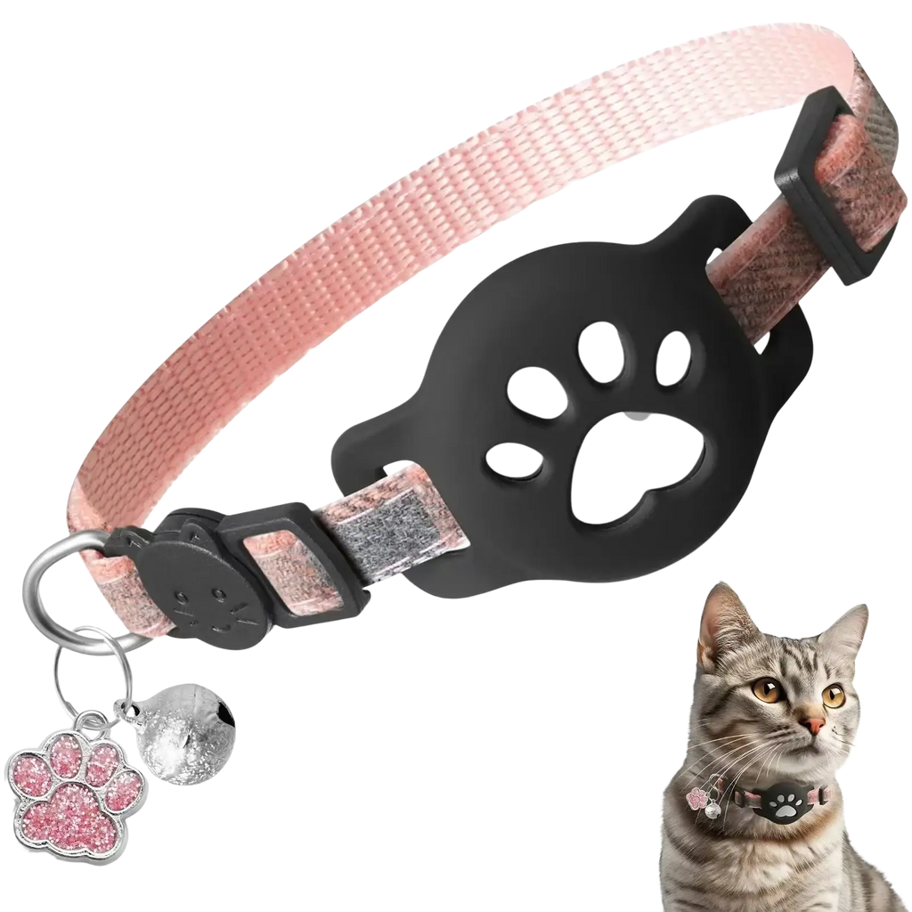 Pink woven Airtag cat collar with black paw-print buckle and matching pink glittery paw charm with bell
