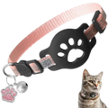 Pink woven Airtag cat collar with black paw-print buckle and matching pink glittery paw charm with bell