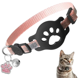 Pink woven Airtag cat collar with black paw-print buckle and matching pink glittery paw charm with bell
