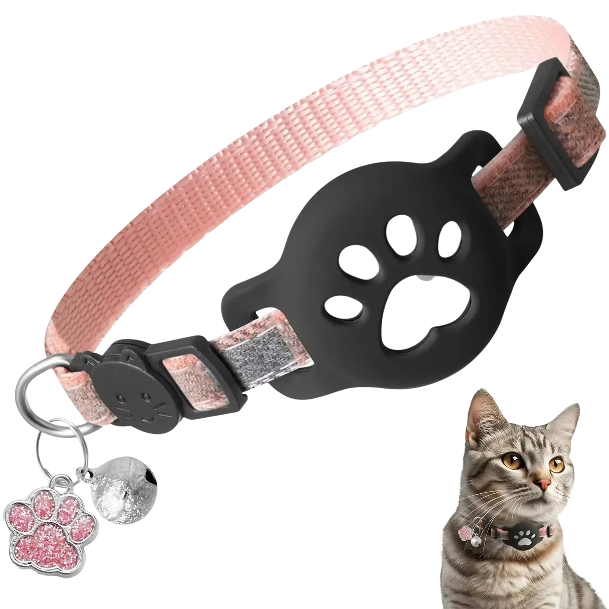 Pink woven Airtag cat collar with black paw-print buckle and matching pink glittery paw charm with bell