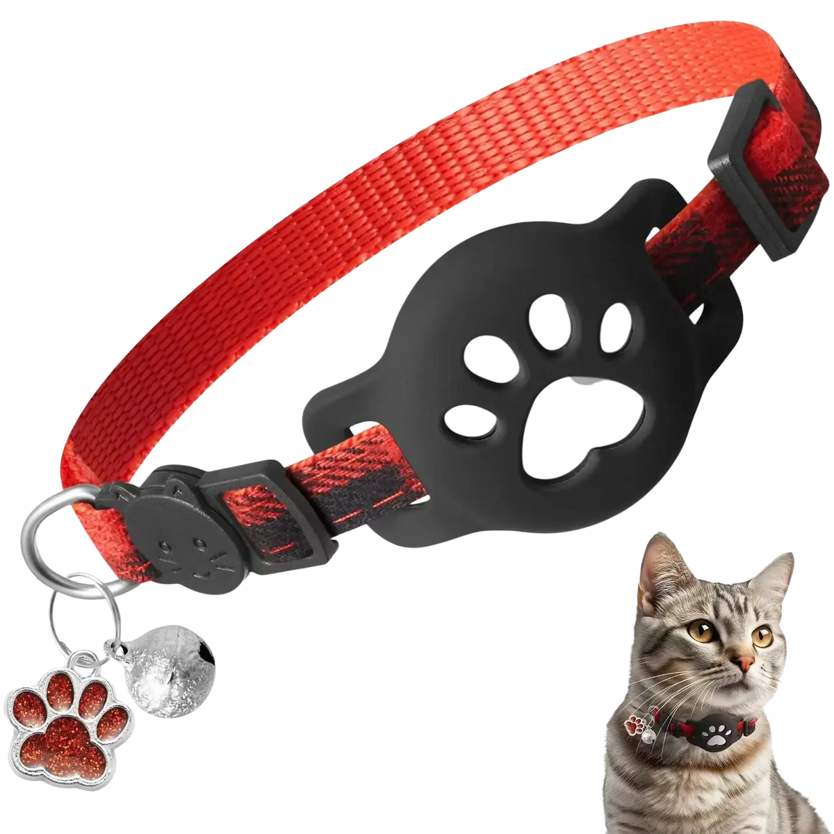 Red woven fabric Airtag cat collar with black paw print buckle and matching dangling paw shaped charm with bell