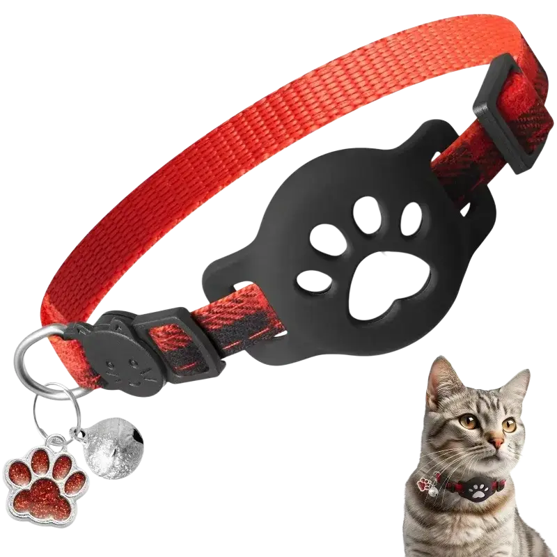 Red woven fabric airtag cat collar with bell black paw print buckle and matching red glittery paw charm
