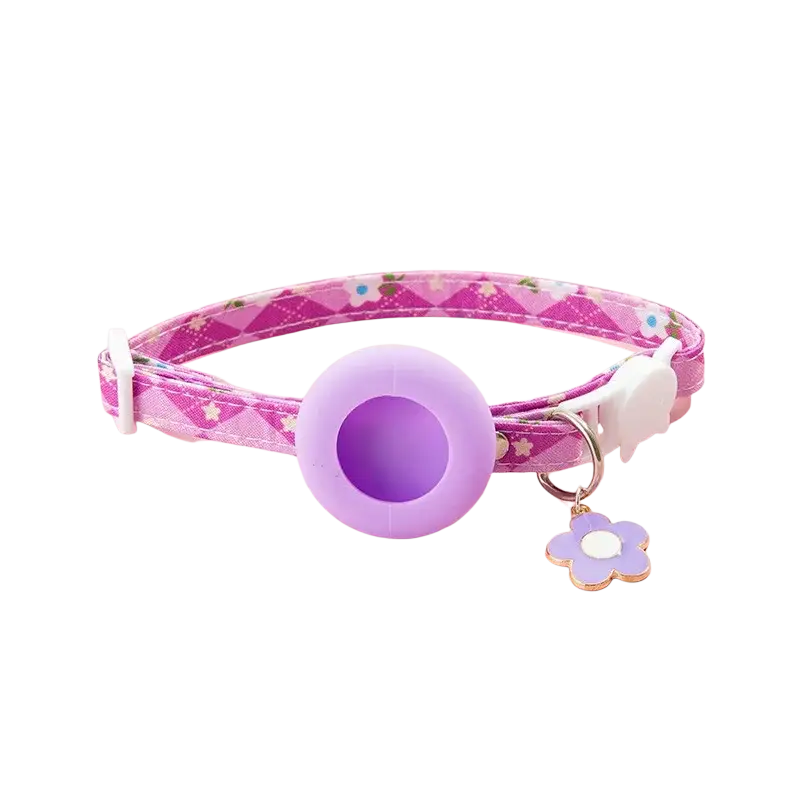 Lavender silicone airtag cat collar with pink argyle fabric band and airtag protective case for outdoor park dog cat use