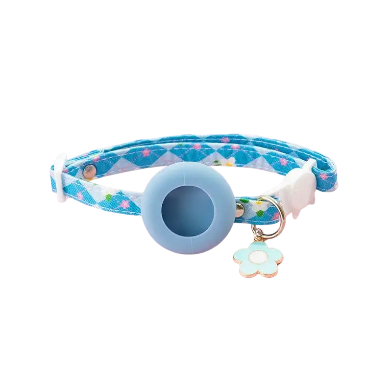 Airtag cat collar with protective case featuring a light blue silicone strap with floral fabric and matching flower charm