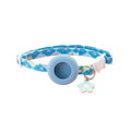 Airtag cat collar with protective case featuring a light blue silicone strap with floral fabric and matching flower charm