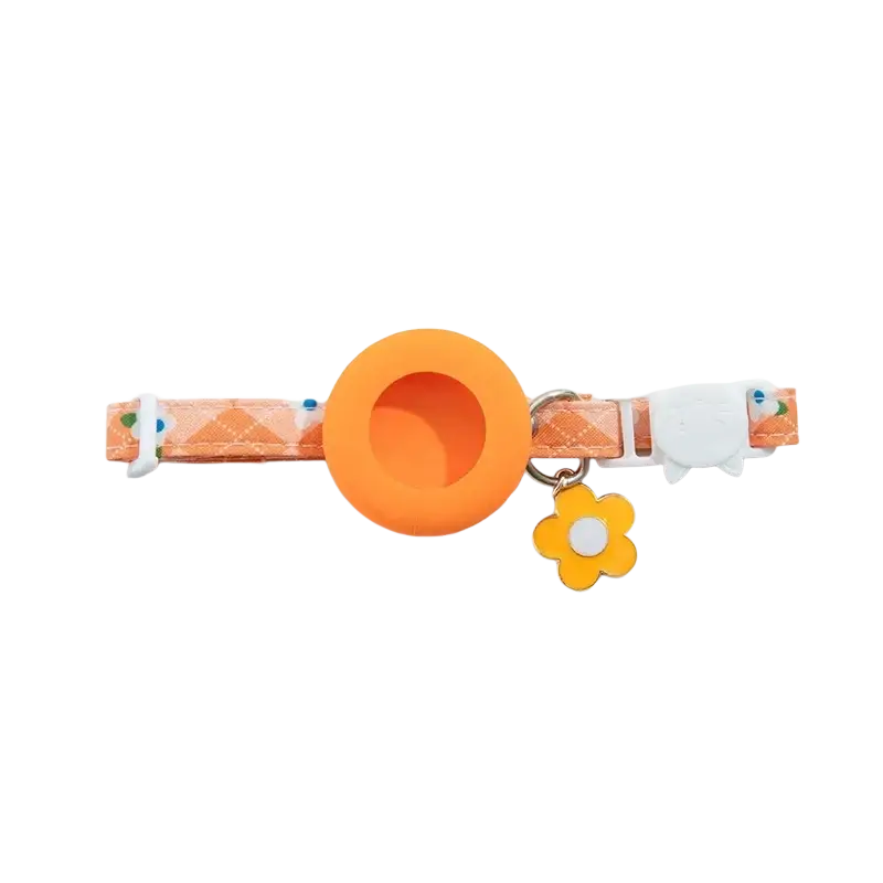 Orange patterned airtag cat collar with silicone ring and yellow flower charm featuring airtag protective case