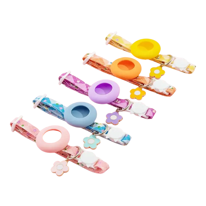 Pastel-colored silicone airtag cat collar with floral fabric straps and airtag protective case for park dog cat use