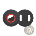 Black silicone airtag pet collar tracker protective case with red accent and white cutouts shown from the back side