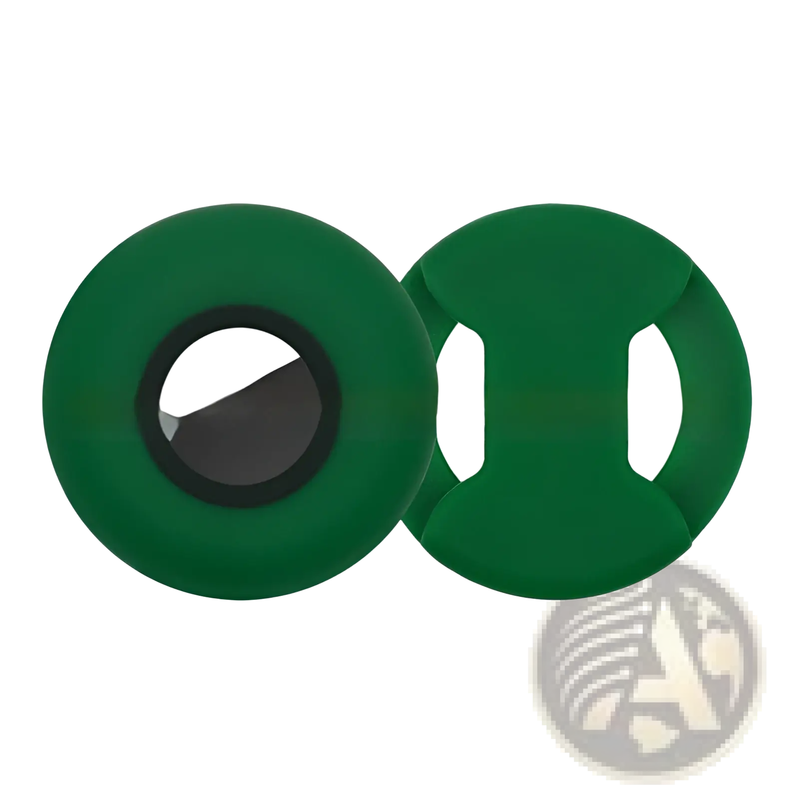 Green silicone Airtag pet collar tracker protective case with eye-shaped bottle opener black center and white handles