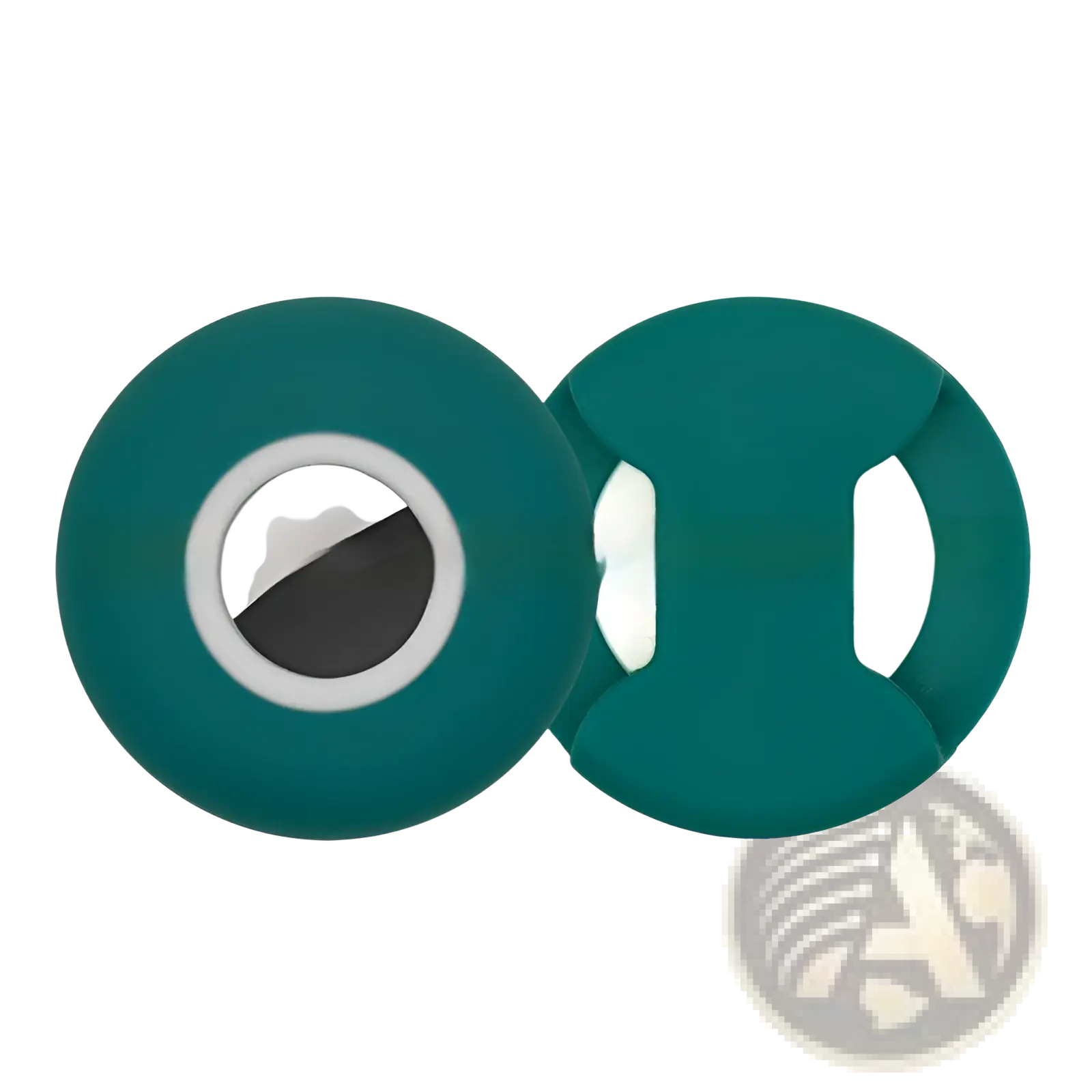 Teal silicone airtag pet collar tracker protective case with circular base and two white side cutouts