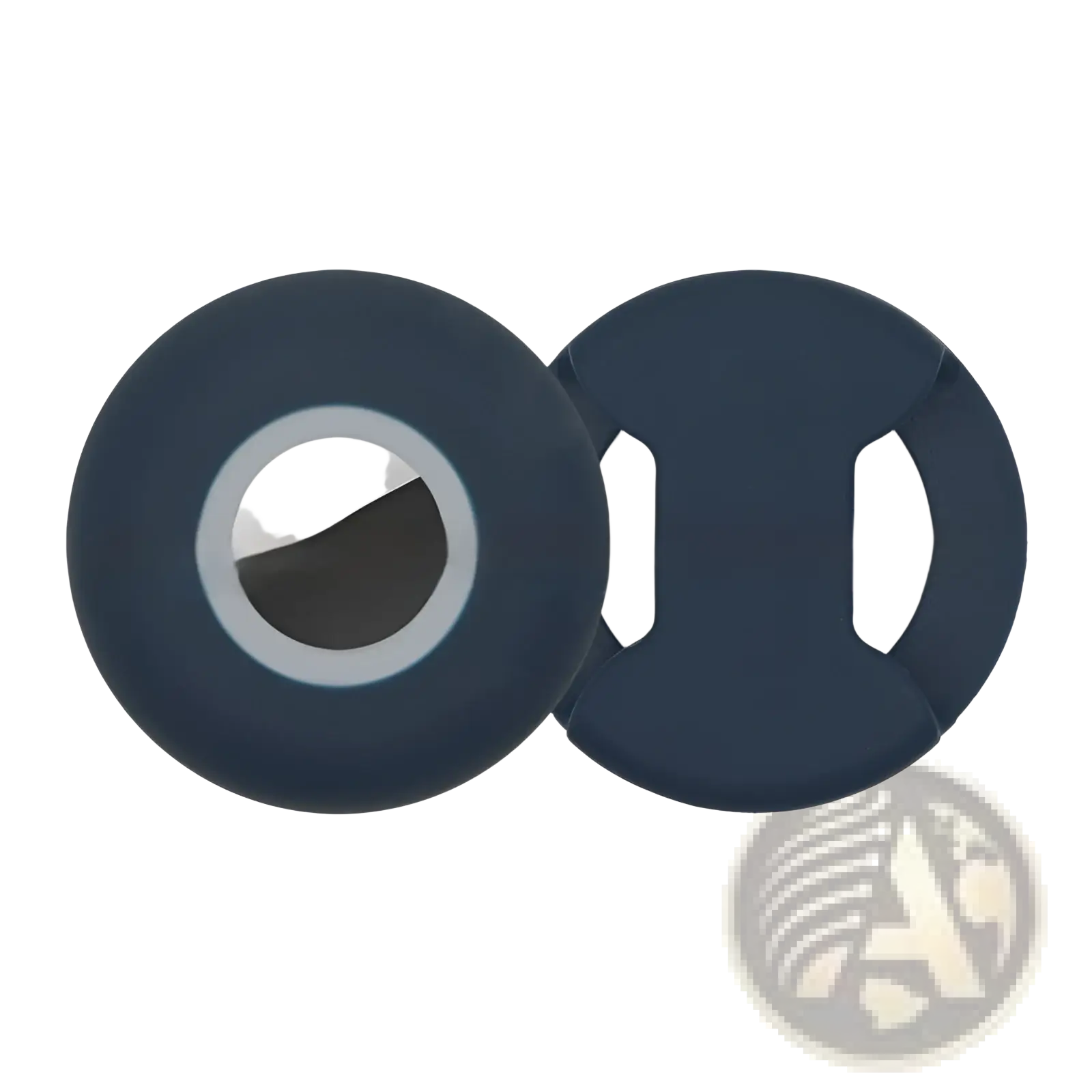 Back side of navy blue silicone Airtag pet collar tracker protective case with white inner ring and two cutouts