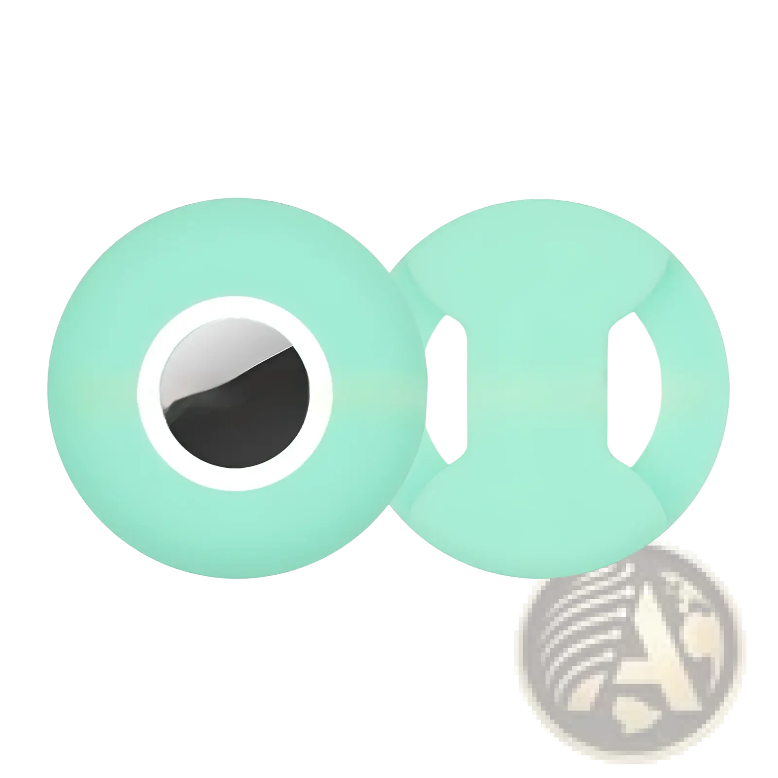 Back view of a mint green silicone Airtag pet collar tracker protective case with eye shape and white circular center