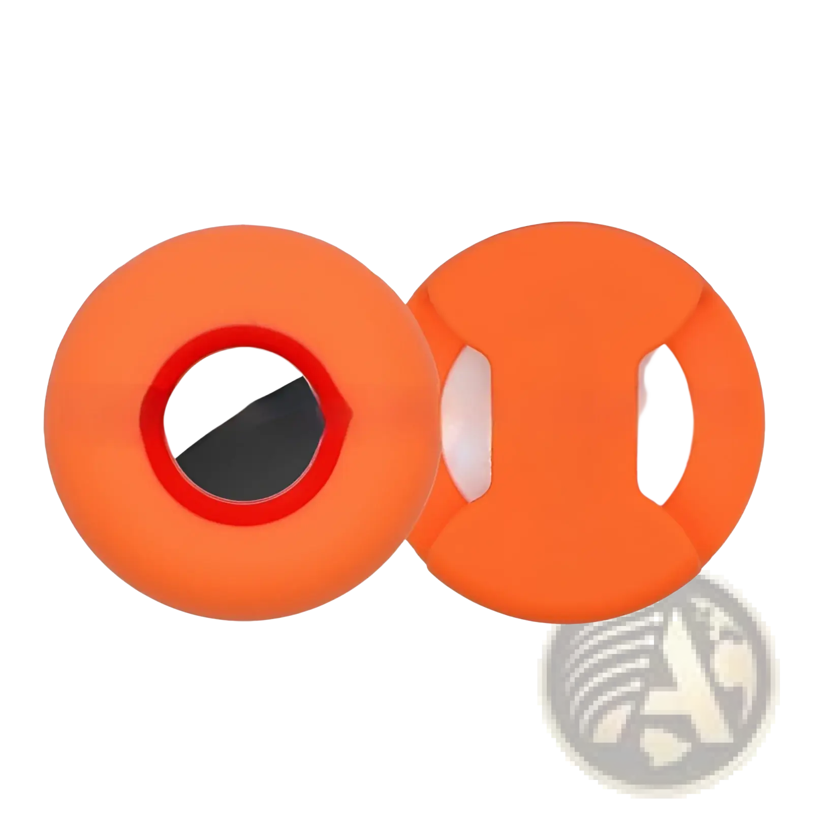 Bright orange silicone airtag pet collar tracker protective case with red-rimmed opening and white handles