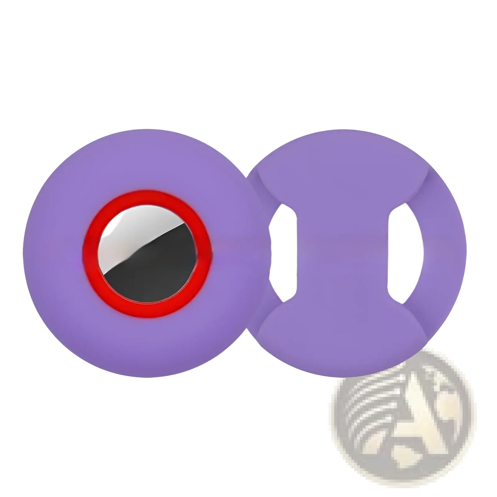 Purple silicone airtag pet collar tracker protective case with eye shape red-rimmed mirror and white cutouts visible