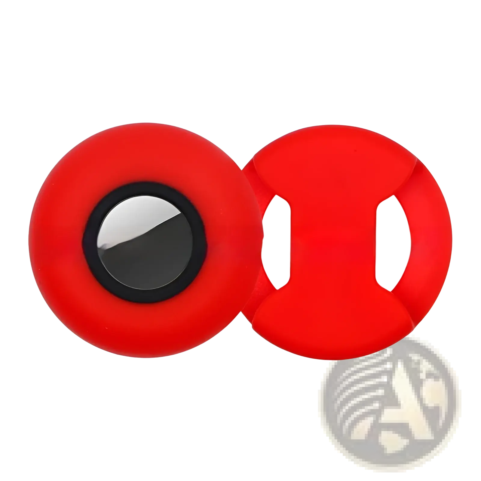 Red silicone airtag pet collar tracker protective case with black inner ring and white cutouts lens cap