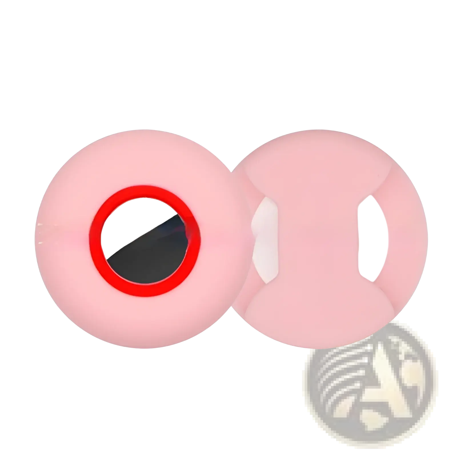 Pink silicone airtag pet collar tracker protective case with eye-shaped mirror and red rim reflective surface