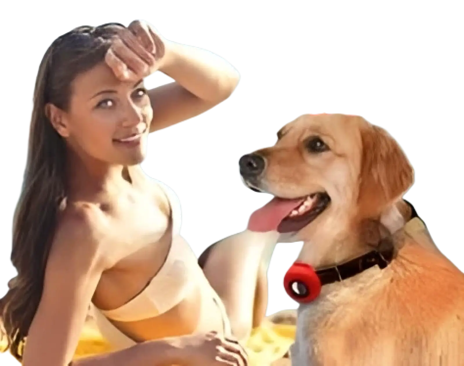 A cheerful woman beside a golden retriever wearing a red airtag silicone pet collar tracker protective case