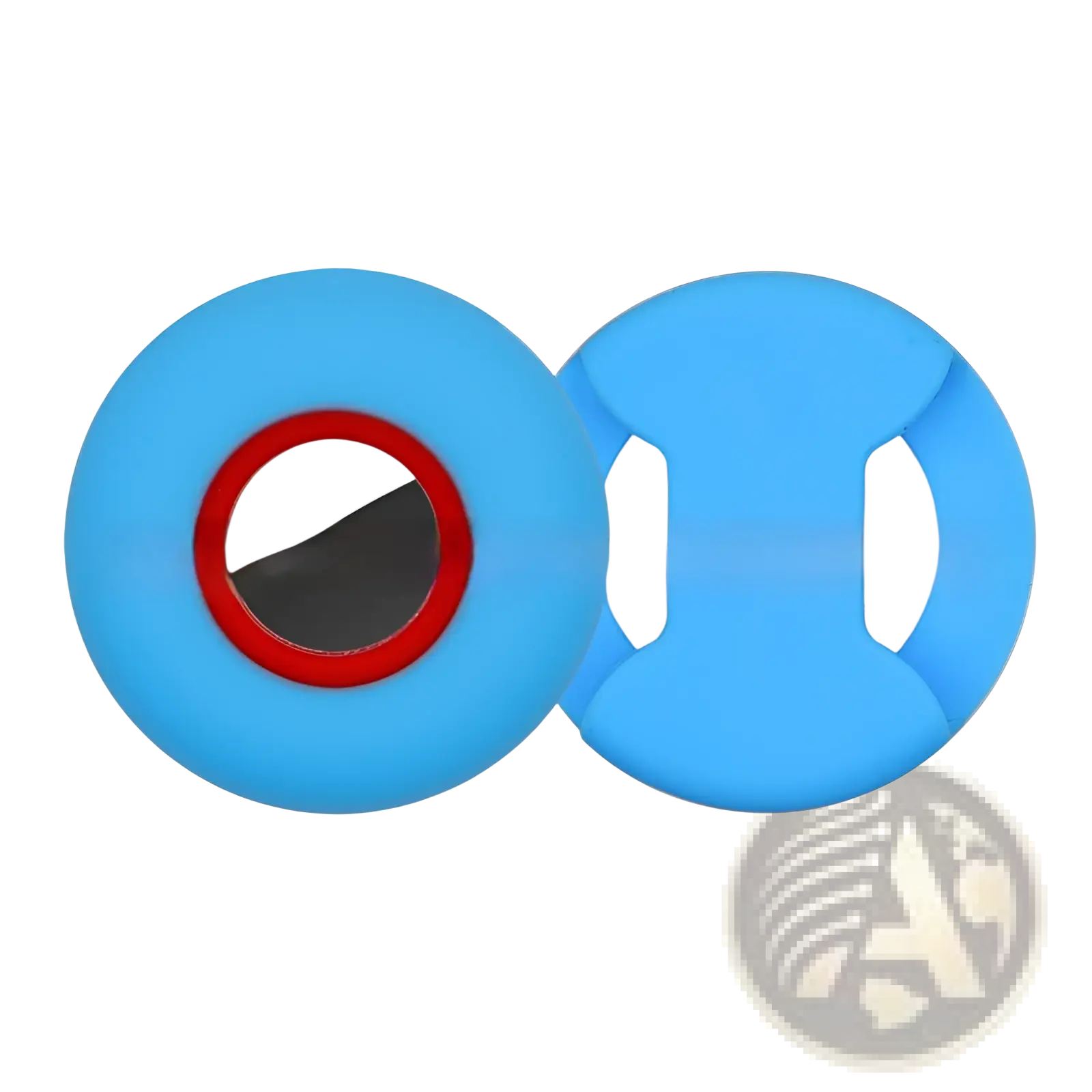 Blue silicone airtag pet collar tracker protective case with eye shape, red rim, and reflective center