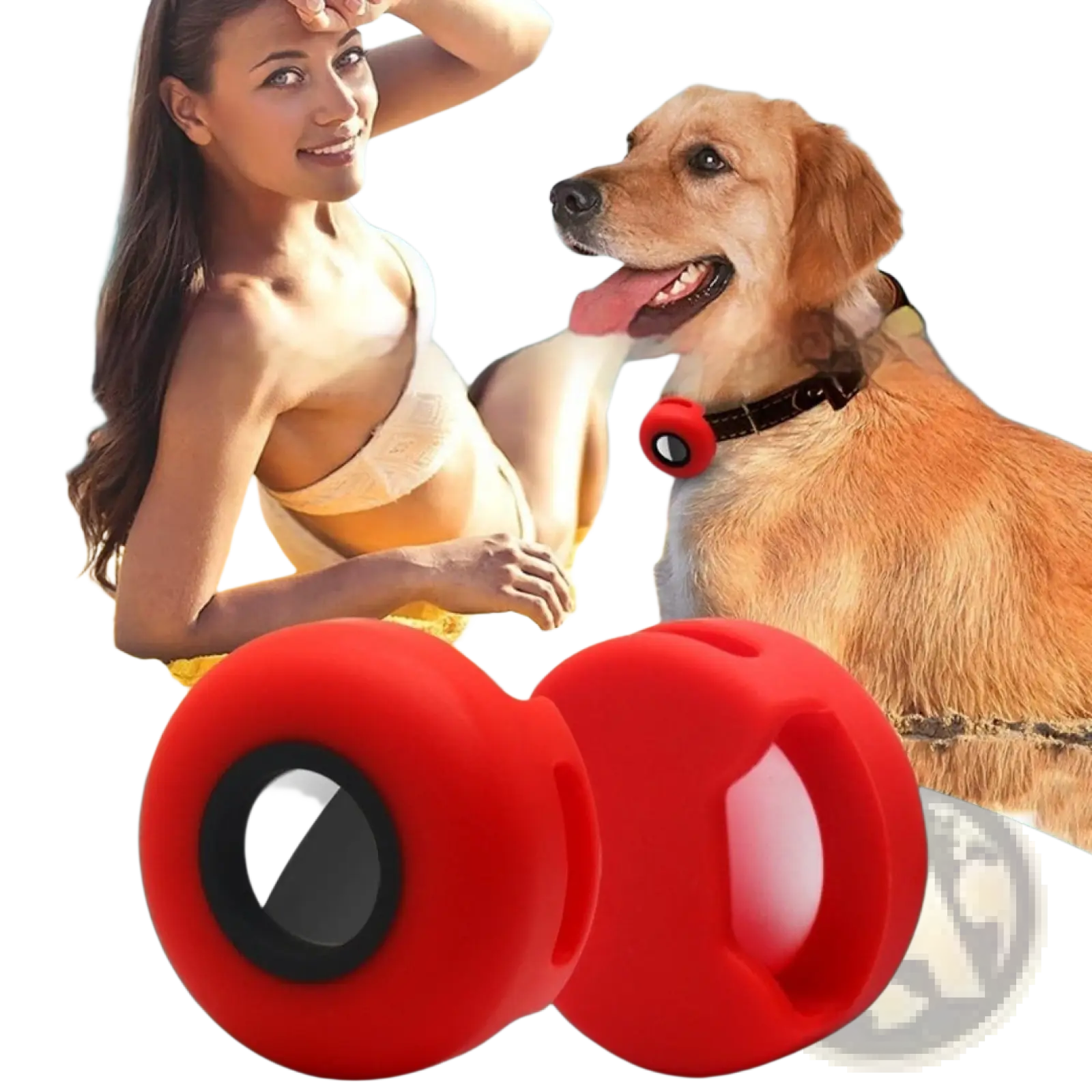Red silicone Airtag pet collar tracker protective case with black circular center and handle cutouts dog toy design