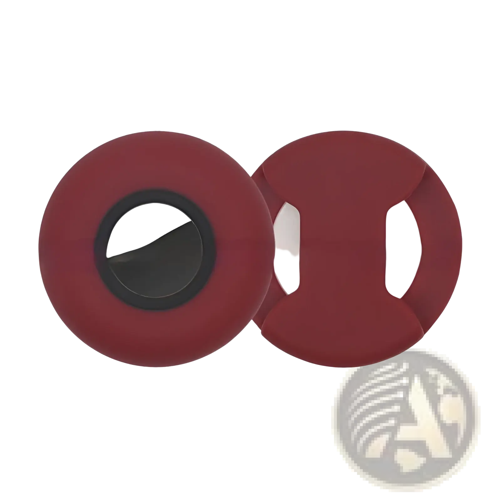 Red silicone Airtag pet collar tracker protective case with black circular cutout and white interior slots shown from back side