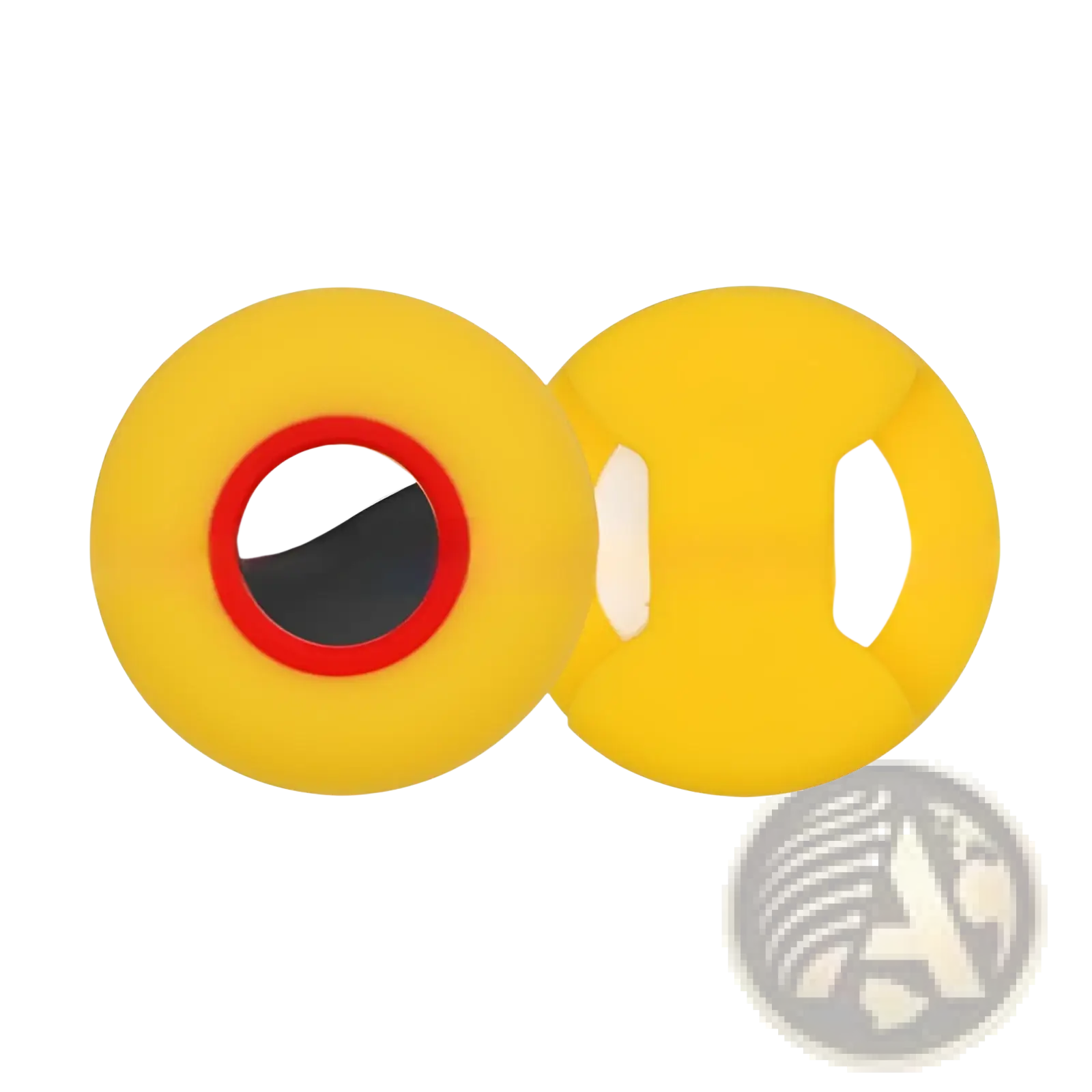 Bright yellow silicone airtag pet collar tracker protective case with red rims and white inner eyeball details