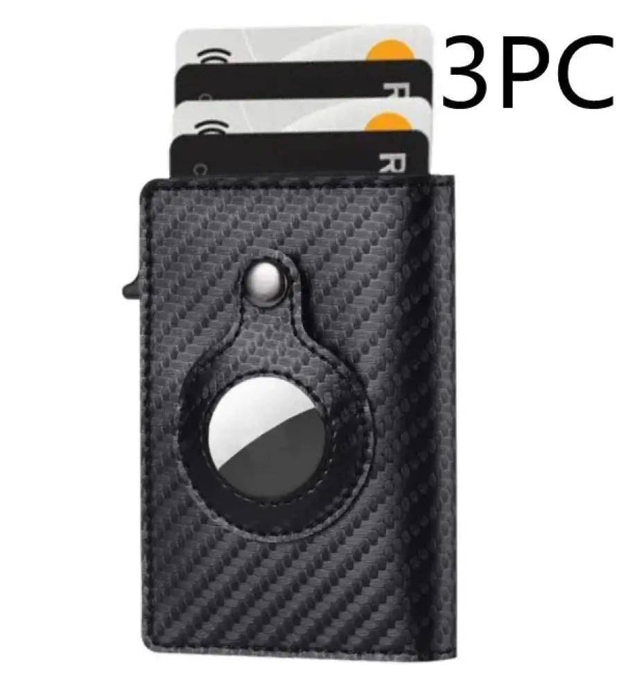 Black carbon fiber textured rfid slim airtag leather wallet with circular magnetic ring holder and anti theft card features