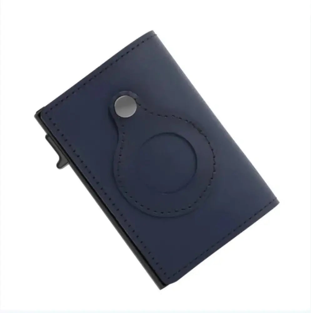 Dark blue leather rfid slim airtag wallet with circular magnetic ring and stitched edges for anti theft card holding