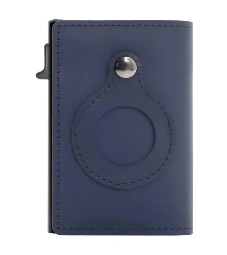 Navy blue leather rfid slim airtag wallet with silver snap button and stitched circular cutout for anti theft card holder