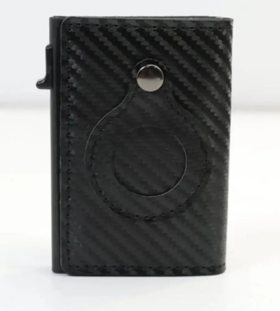 Black carbon fiber textured rfid slim airtag leather wallet with circular cutout and silver metal ring for anti theft use
