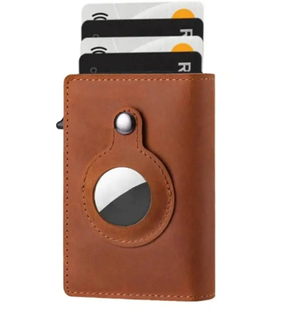 Brown leather rfid slim airtag wallet with circular cutout for apple watch face and card slots for anti theft use