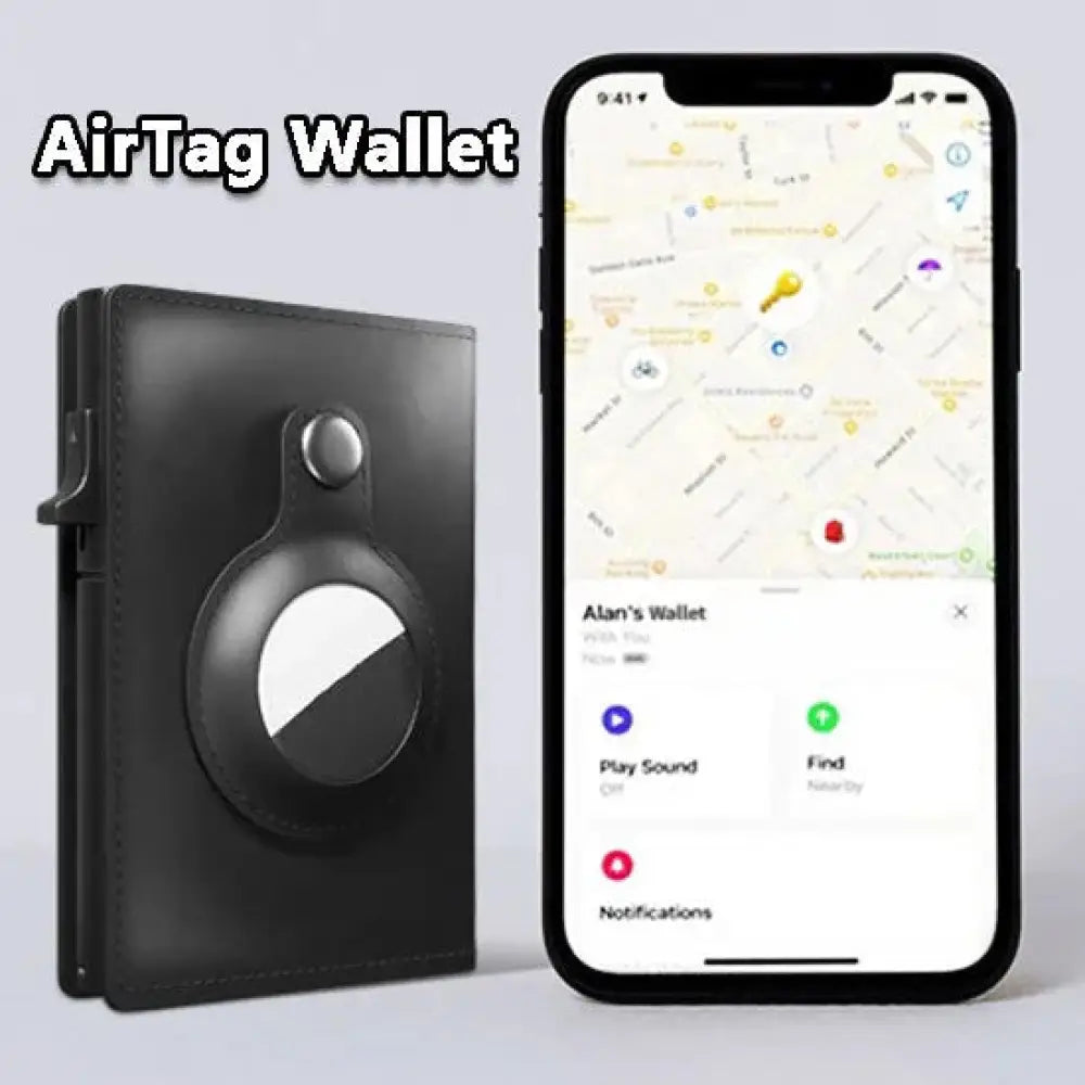 Black leather rfid slim airtag wallet with anti theft card holder and circular airtag attached to front