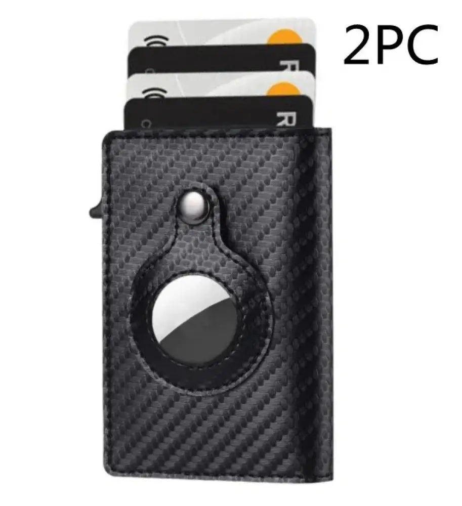 Black carbon fiber textured rfid slim airtag leather wallet with circular magnetic ring attachment and anti theft card holder