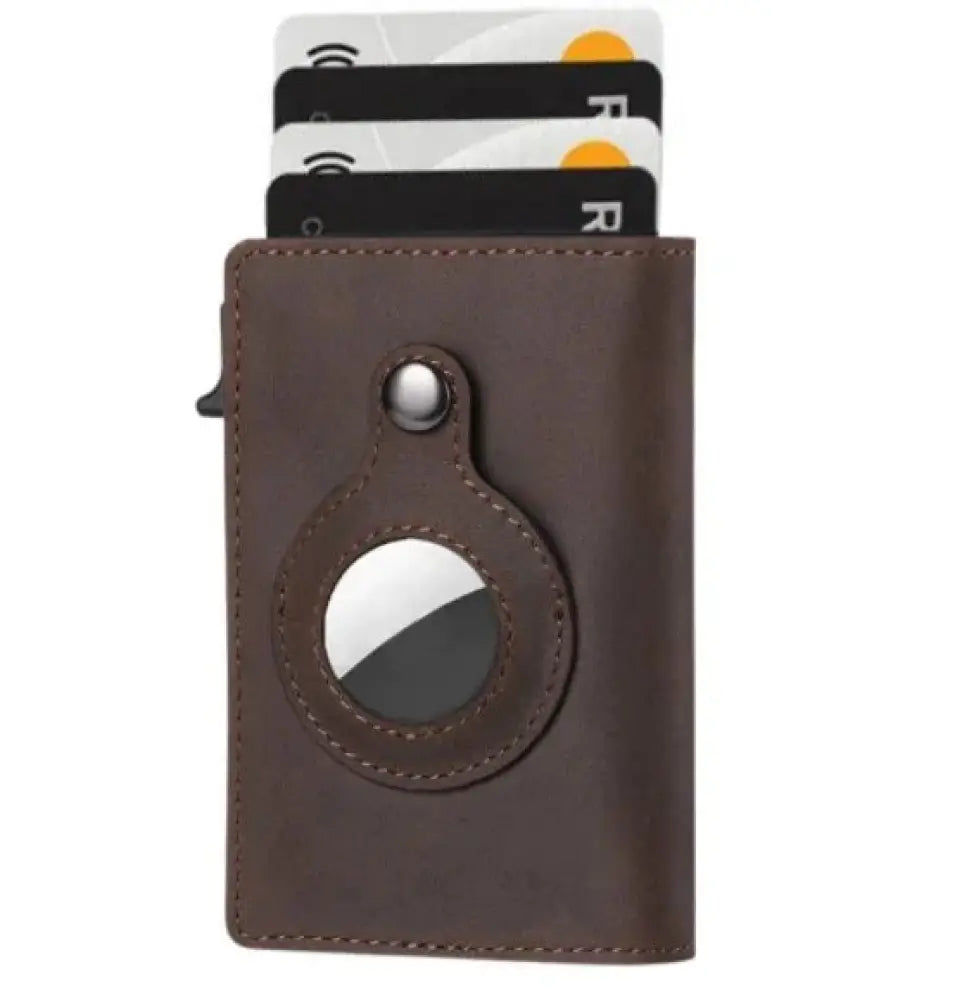 Brown leather rfid slim airtag wallet with circular cutout housing apple watch face and anti theft card holder