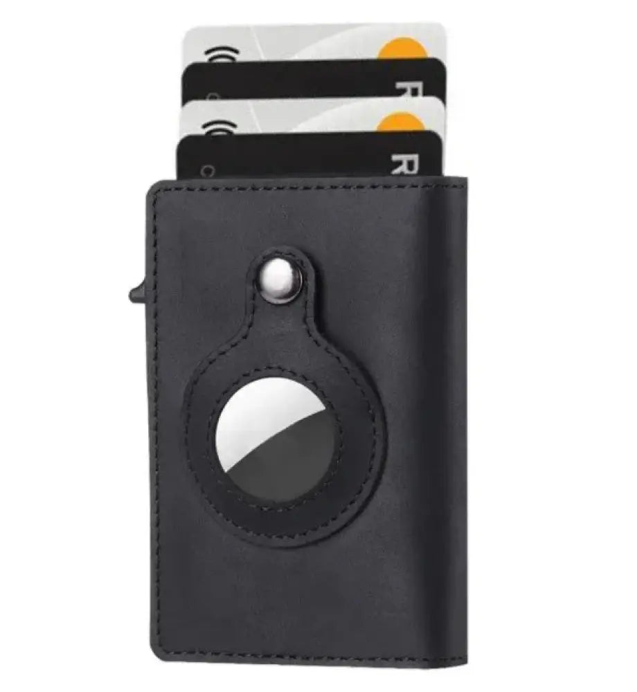 Black leather rfid slim airtag wallet with stitched edges and circular magnetic loop for multiple cards