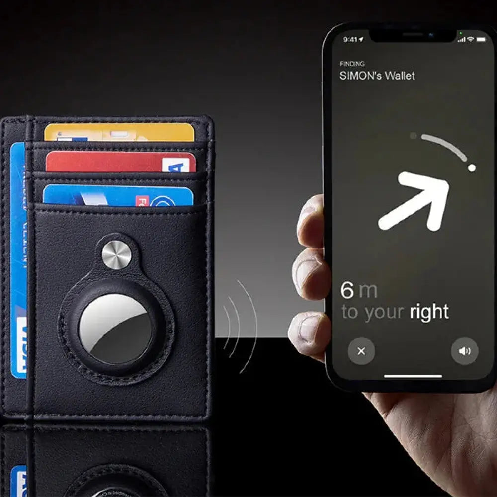 Black leather rfid slim airtag wallet with circular magnetic phone tracking attachment and anti theft card holder features