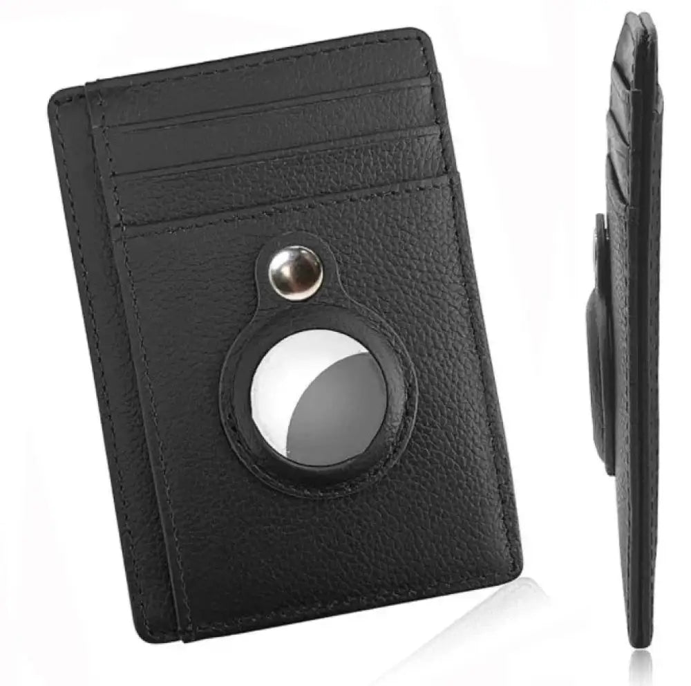Black leather rfid slim airtag wallet with circular phone stand attachment and anti theft card holder features
