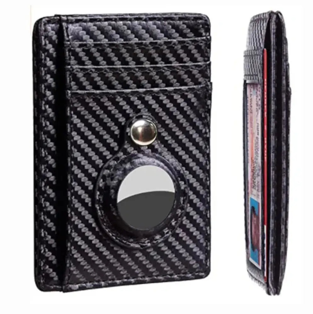 Black carbon fiber textured rfid slim airtag leather wallet with circular magnetic ring holder and anti theft card feature