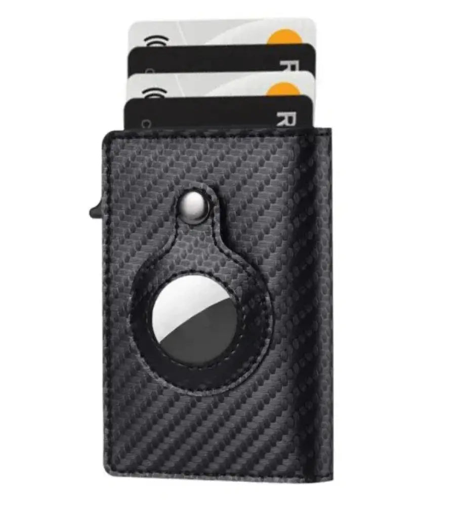 Black carbon fiber textured rfid slim airtag leather wallet with circular cutout for apple watch and anti theft card holder