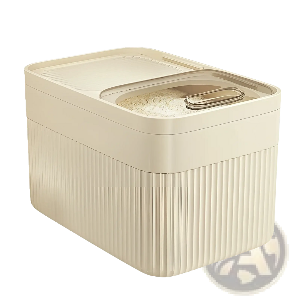 Cream-colored plastic airtight pet food storage container with ribbed texture and transparent lid with metal handle