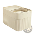 Cream-colored plastic airtight pet food storage container with ribbed texture and transparent lid with metal handle