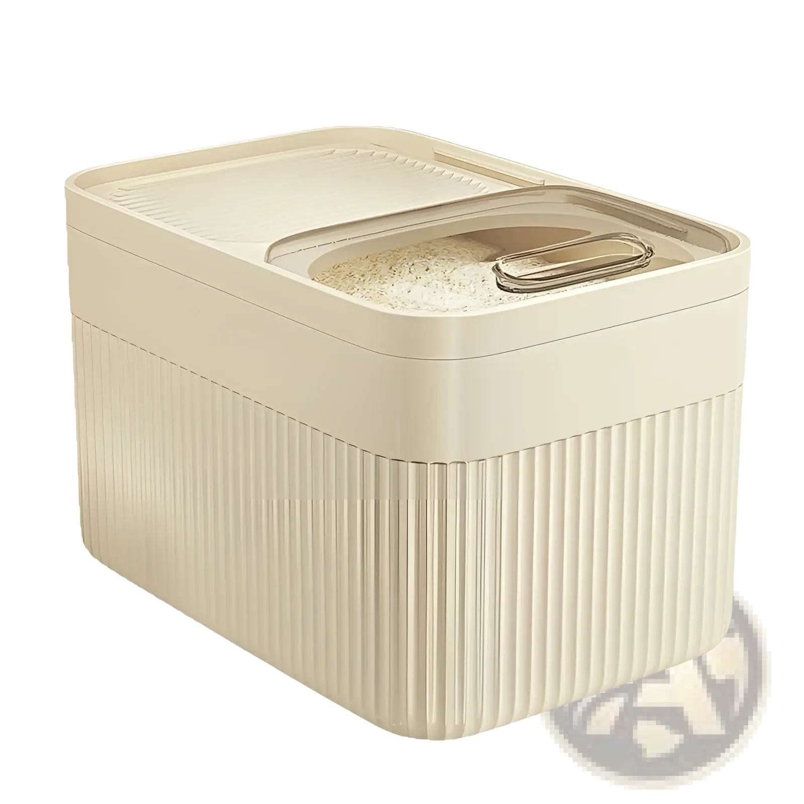 Cream-colored plastic airtight pet food storage container with ribbed texture and transparent lid with metal handle